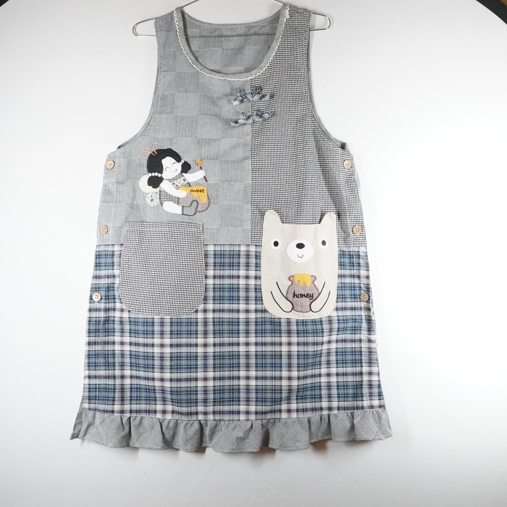 Womens Patchwork Apron Dress Women L Grey Bear Honey Kawaii Mori Girl Smock